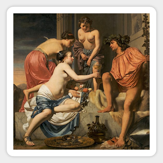 Bacchus on a Throne - Nymphs Offering Bacchus Wine and Fruit by Caesar van Everdingen Magnet by Classic Art Stall